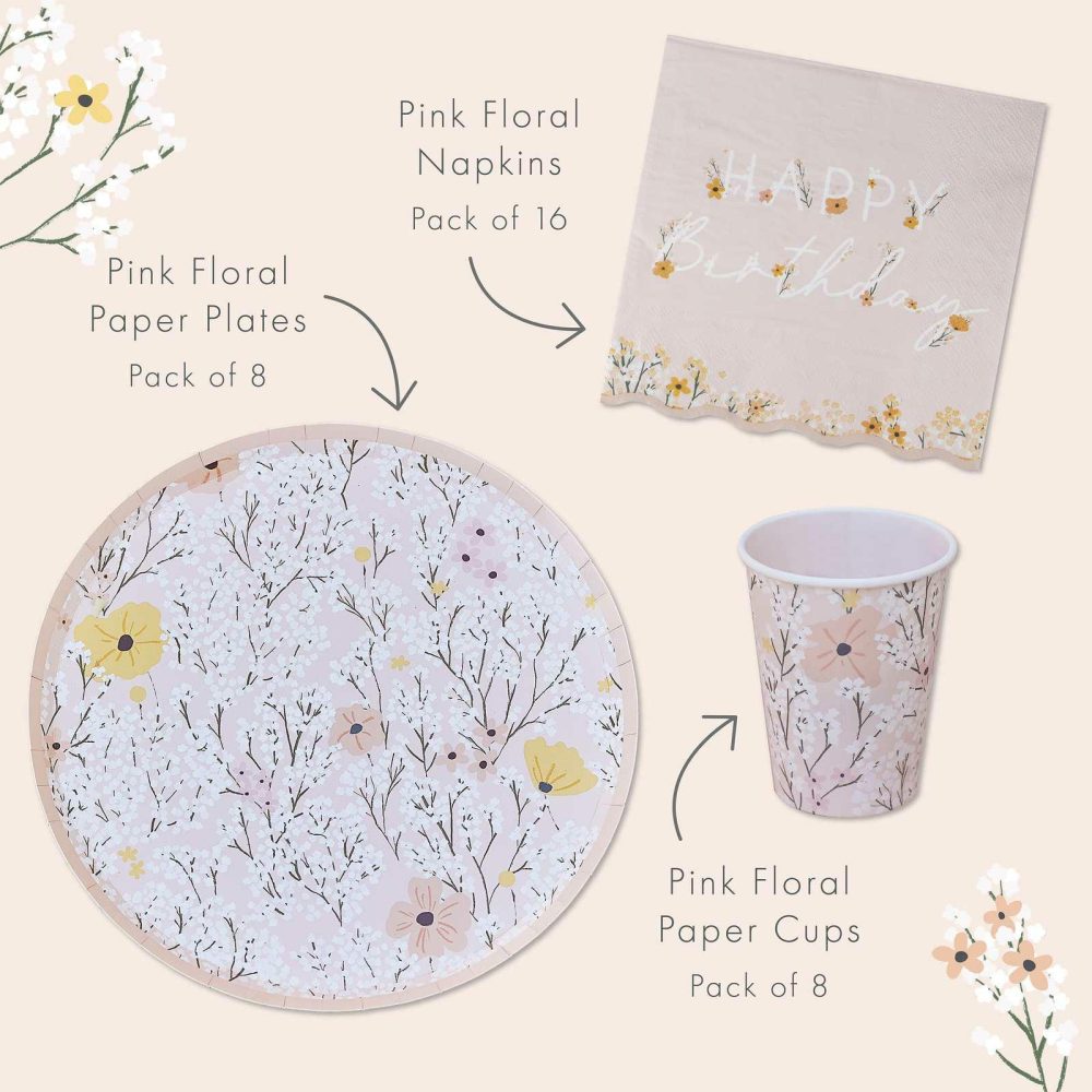 Birthday Tableware |   Pink Floral Birthday Tableware Kit Birthday Decorations Birthday Tableware