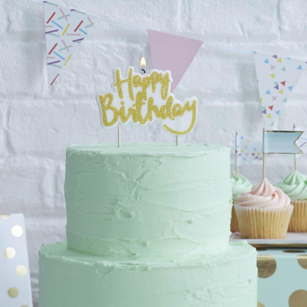 Cake Candles |   Gold Glitter Happy Birthday Candle Cake Candles Cake Candles