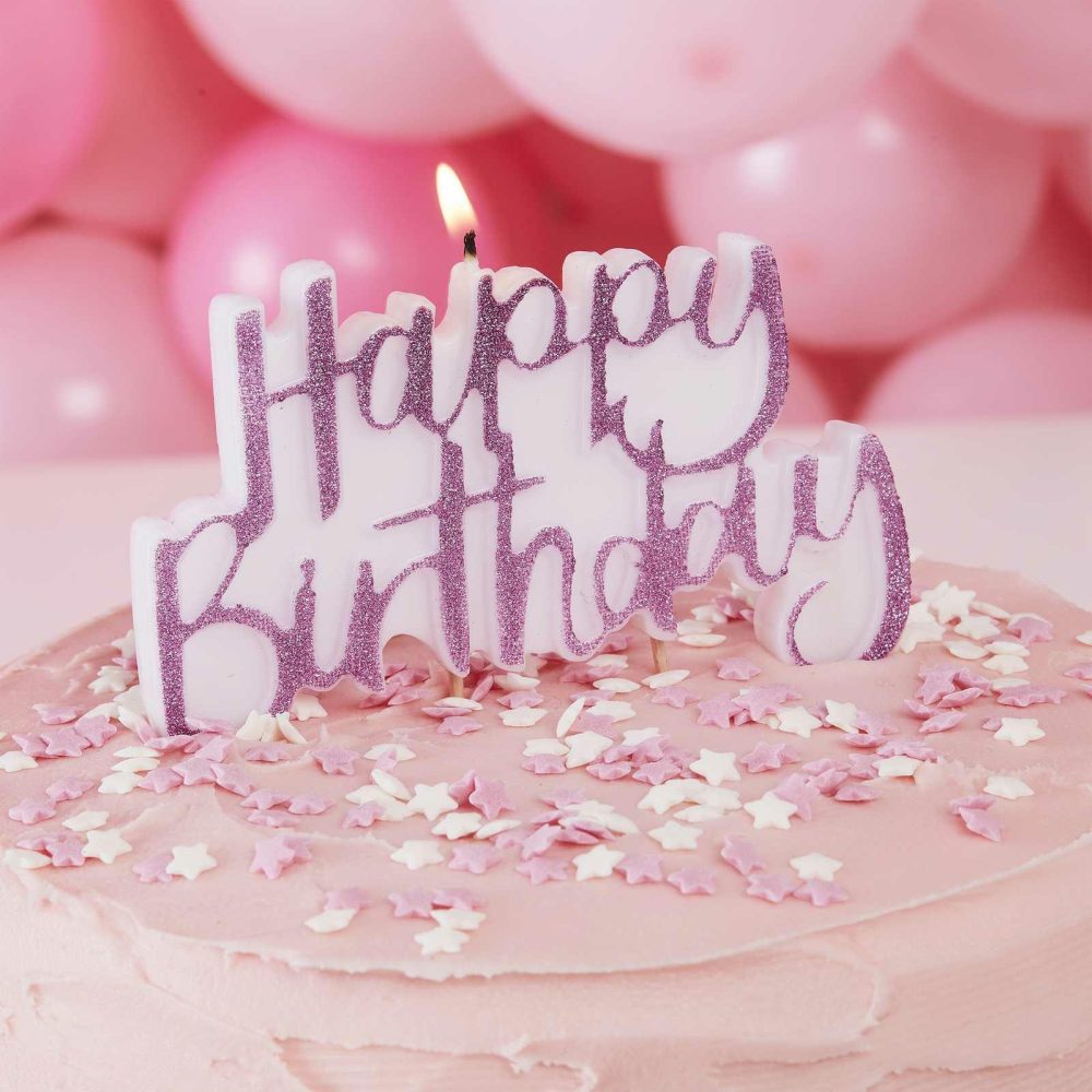 Cake Candles |   Pink Glitter Happy Birthday Candle Cake Candles Cake Candles