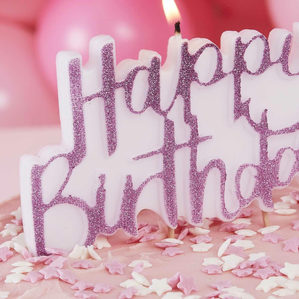 Cake Candles |   Pink Glitter Happy Birthday Candle Cake Candles Cake Candles