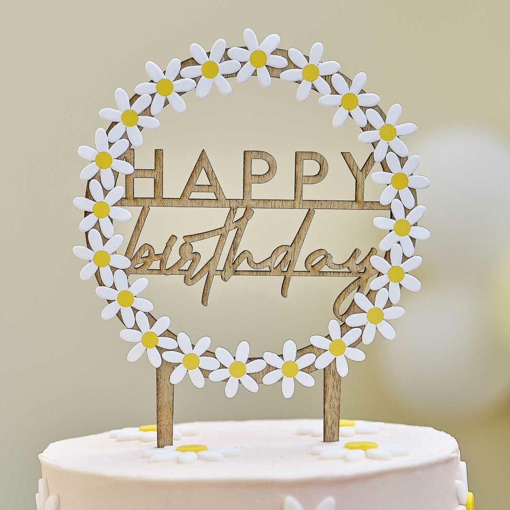 Cake Decorations |   Wooden Happy Birthday Cake Topper With Daisies Birthday Decorations Cake Decorations