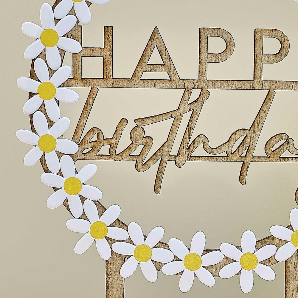 Cake Decorations |   Wooden Happy Birthday Cake Topper With Daisies Birthday Decorations Cake Decorations