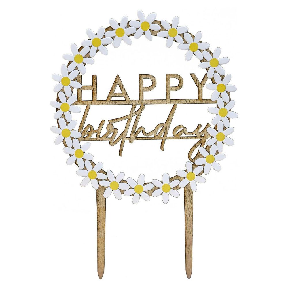 Cake Decorations |   Wooden Happy Birthday Cake Topper With Daisies Birthday Decorations Cake Decorations