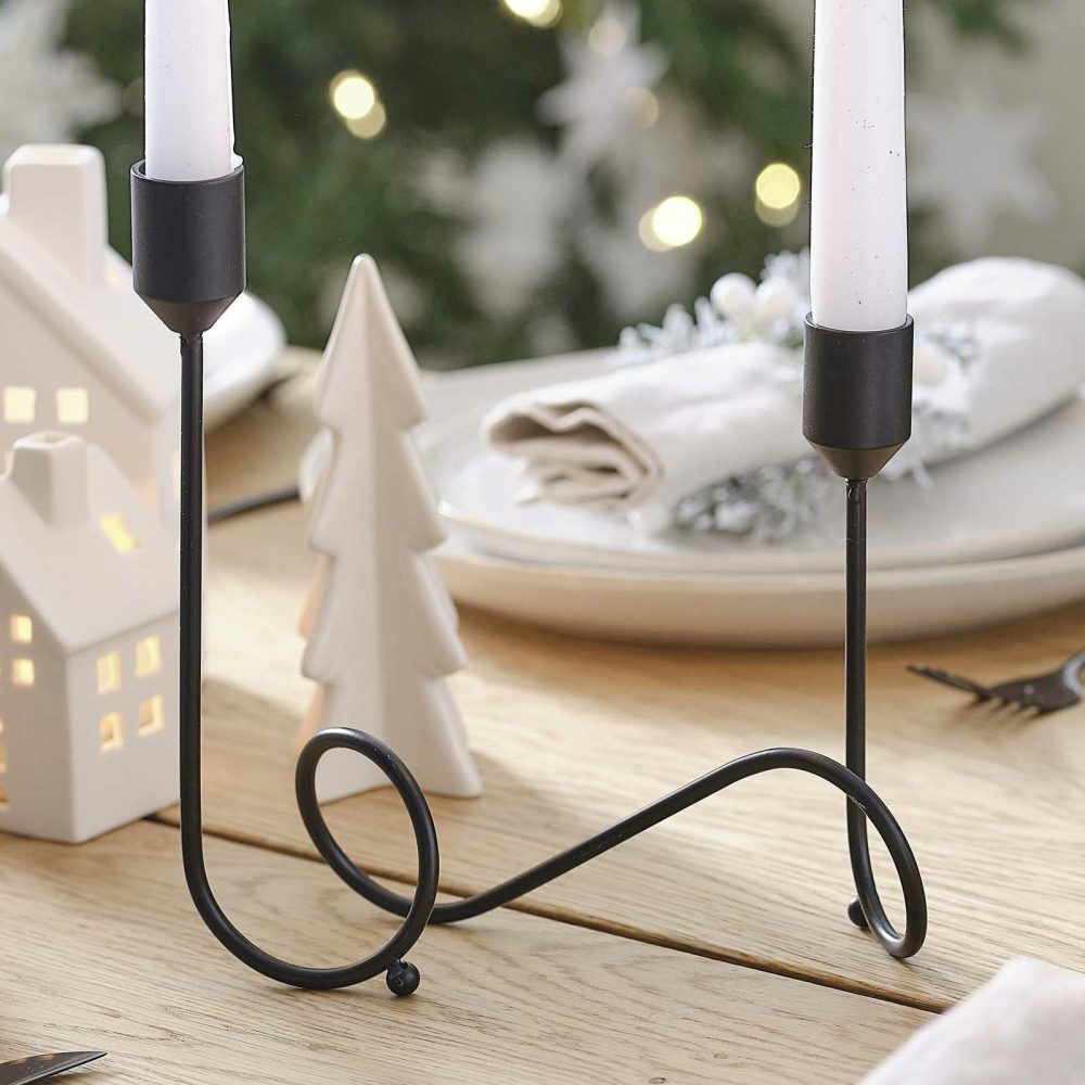 Candles And Candle Holders |   Black Metal Swirl Dinner Candle Holder Candles And Candle Holders Candles And Candle Holders