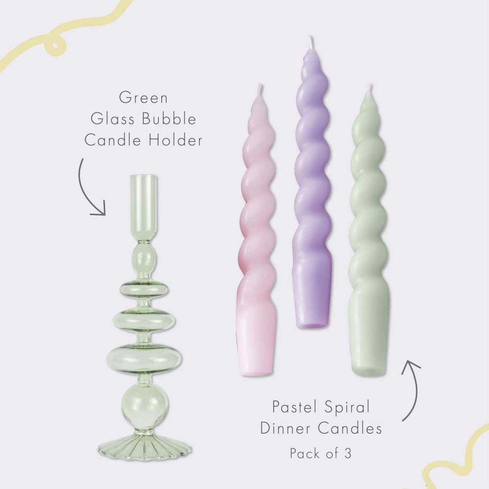 Candles And Candle Holders |   Green Glass Bubble Candle Holders & Spiral Dinner Candles Set Candles And Candle Holders Candles And Candle Holders