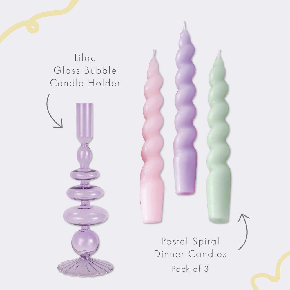 Candles And Candle Holders |   Lilac Glass Bubble Candle Holders & Spiral Dinner Candles Set Candles And Candle Holders Candles And Candle Holders