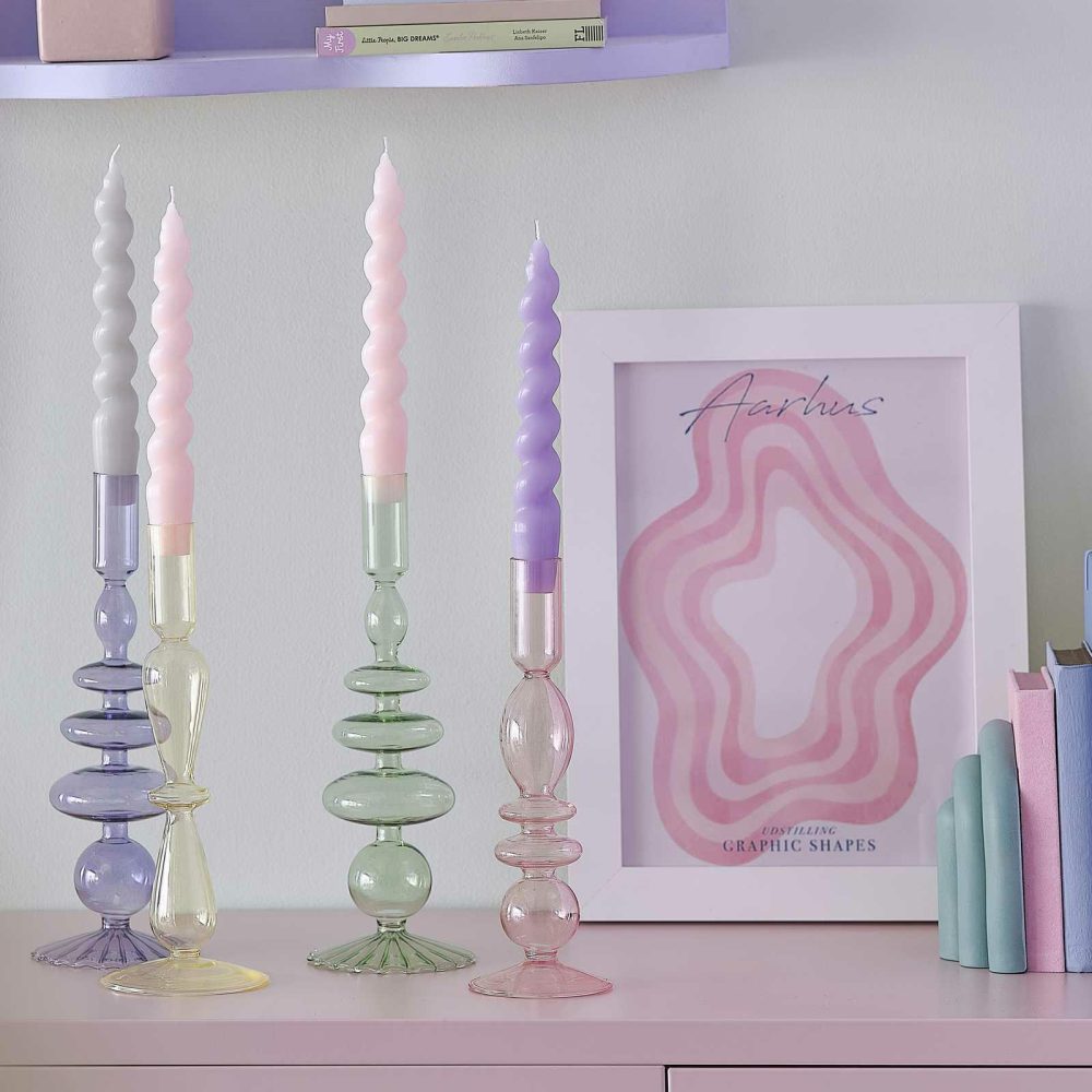 Candles And Candle Holders |   Lilac Glass Bubble Candle Holders & Spiral Dinner Candles Set Candles And Candle Holders Candles And Candle Holders