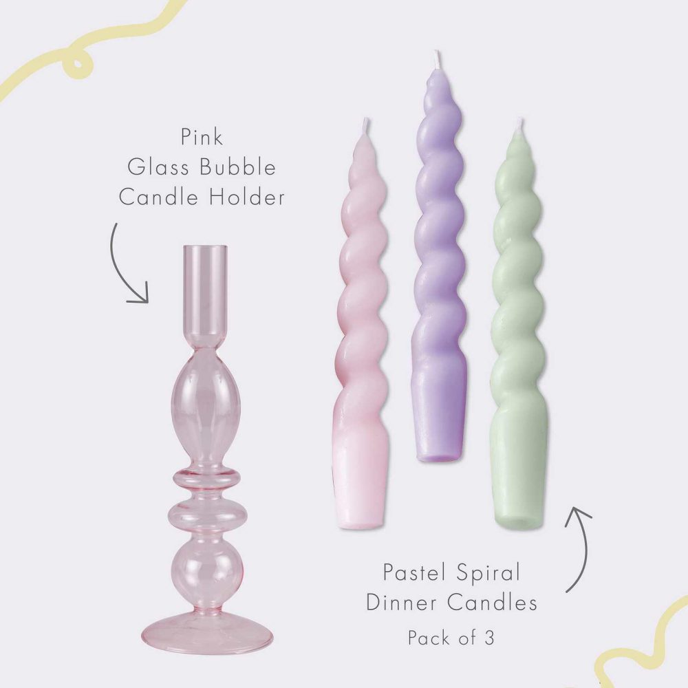 Candles And Candle Holders |   Pink Glass Candle Holders & Spiral Dinner Candles Set Candles And Candle Holders Candles And Candle Holders