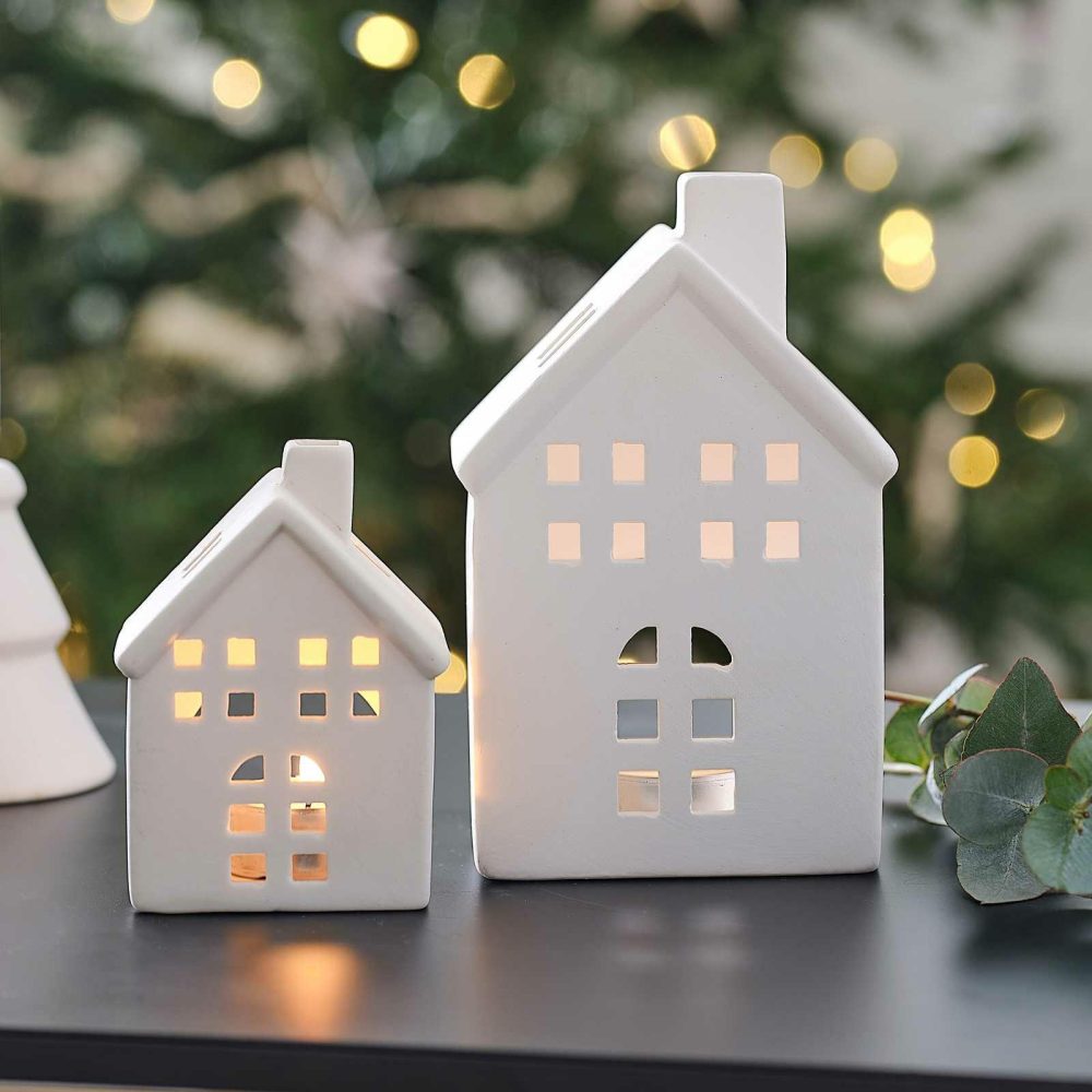 Candles And Candle Holders |   White Ceramic House Tealight Holders Candles And Candle Holders Candles And Candle Holders