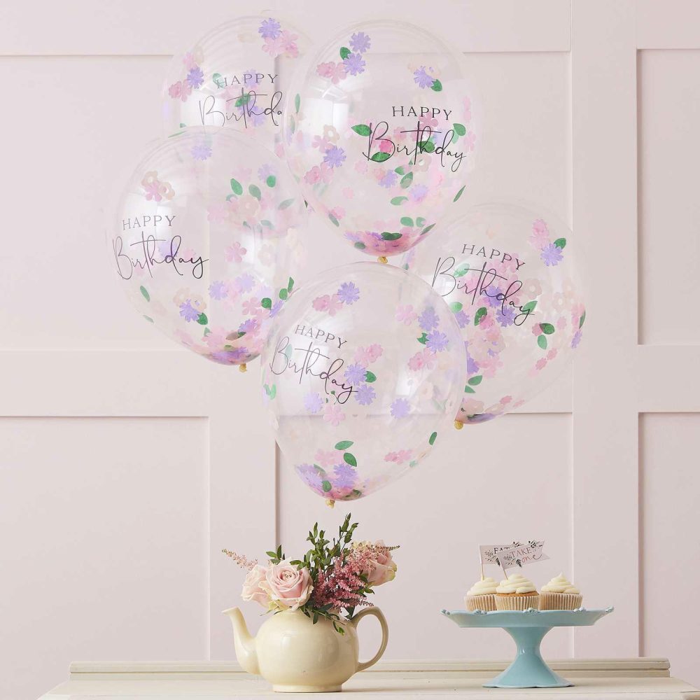 Clear Balloons |   Floral Confetti Happy Birthday Balloons Balloons Clear Balloons