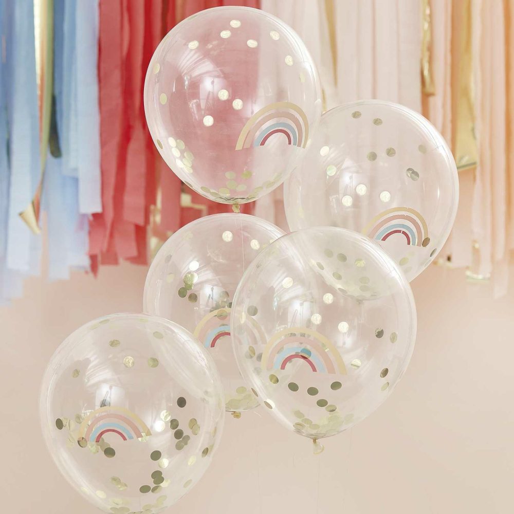 Clear Balloons |   Rainbow And Gold Confetti Balloons Balloons Clear Balloons