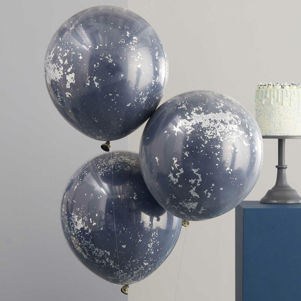 Confetti Balloons |   Double Layered Navy And Silver Confetti Balloon Bundle Balloons Confetti Balloons