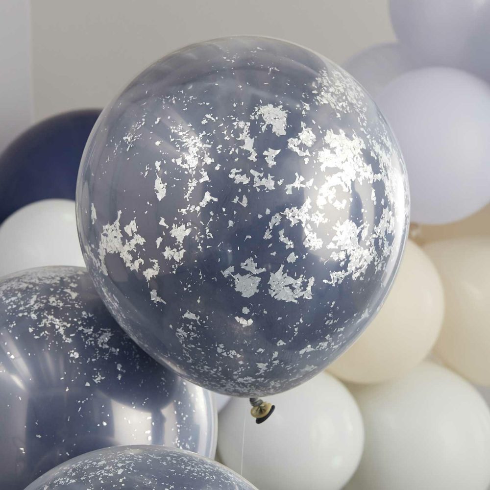 Confetti Balloons |   Double Layered Navy And Silver Confetti Balloon Bundle Balloons Confetti Balloons