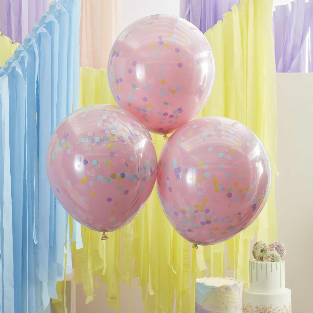 Confetti Balloons |   Double Layered Pink And Pastel Rainbow Confetti Balloons Balloons Confetti Balloons