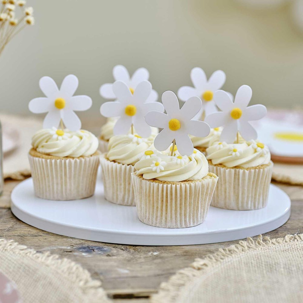 Cupcake Decorations |   Daisy Cupcake Toppers With Pom Poms Candles & Cake Accessories Cupcake Decorations