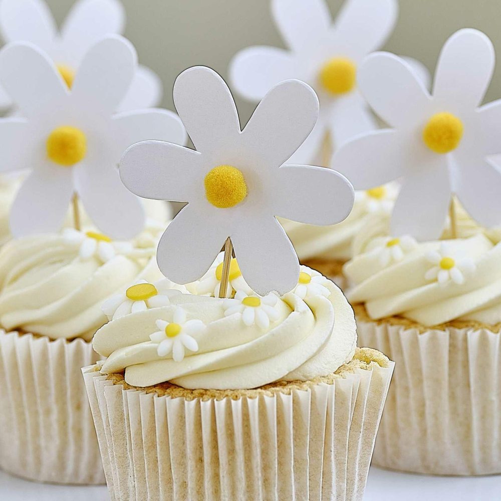 Cupcake Decorations |   Daisy Cupcake Toppers With Pom Poms Candles & Cake Accessories Cupcake Decorations