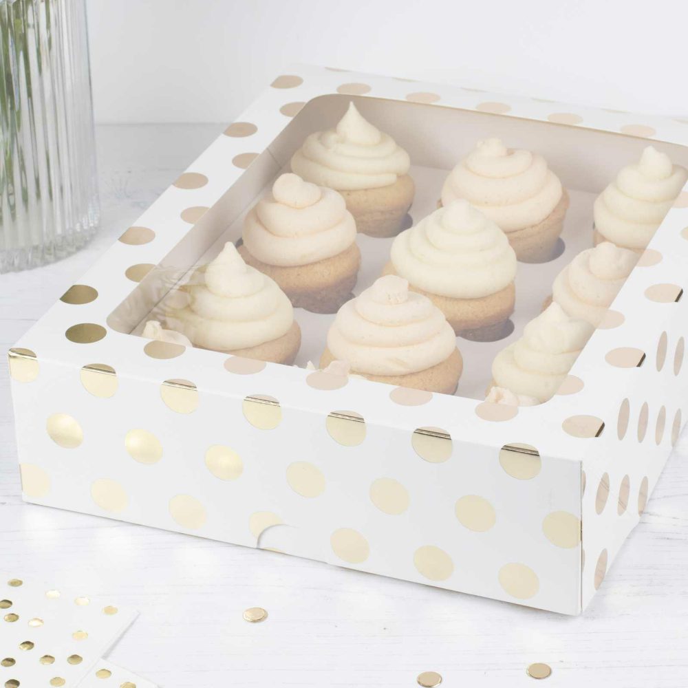 Cupcake Decorations |   White And Gold Polka Dot 12 Hole Cupcake Box Candles & Cake Accessories Cupcake Decorations