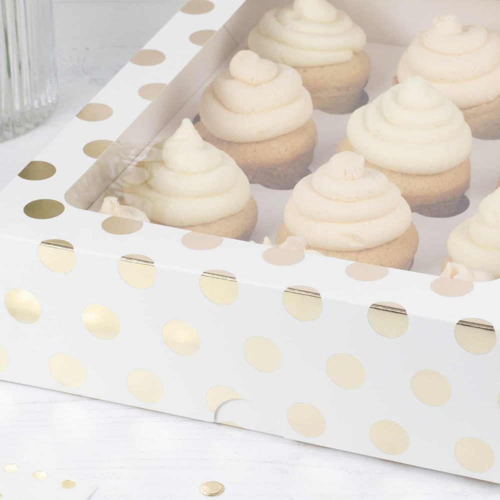 Cupcake Decorations |   White And Gold Polka Dot 12 Hole Cupcake Box Candles & Cake Accessories Cupcake Decorations