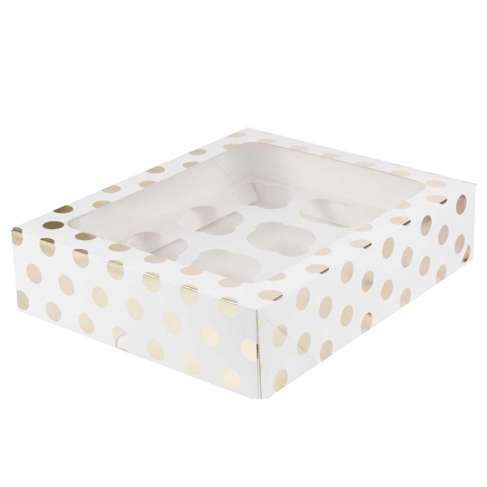 Cupcake Decorations |   White And Gold Polka Dot 12 Hole Cupcake Box Candles & Cake Accessories Cupcake Decorations