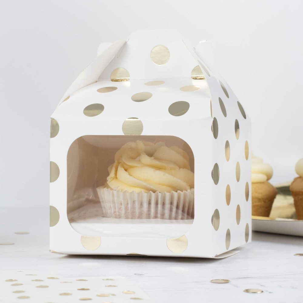 Cupcake Decorations |   White And Gold Polka Dot Single Cupcake Box Candles & Cake Accessories Cupcake Decorations