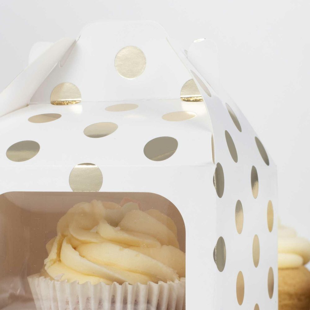 Cupcake Decorations |   White And Gold Polka Dot Single Cupcake Box Candles & Cake Accessories Cupcake Decorations