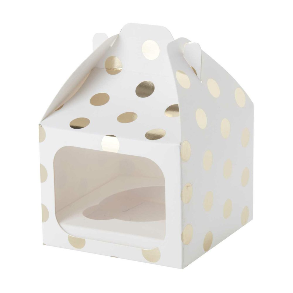 Cupcake Decorations |   White And Gold Polka Dot Single Cupcake Box Candles & Cake Accessories Cupcake Decorations