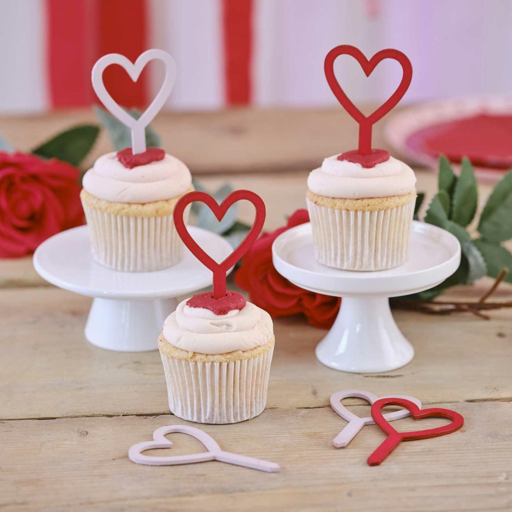 Cupcake Decorations |   Wooden Red And Pink Heart Cupcake Toppers Candles & Cake Accessories Cupcake Decorations