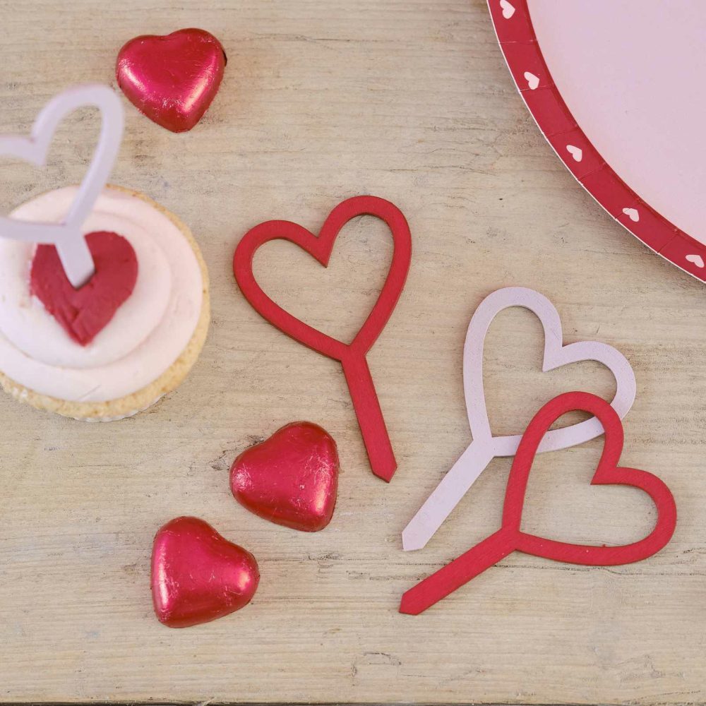 Cupcake Decorations |   Wooden Red And Pink Heart Cupcake Toppers Candles & Cake Accessories Cupcake Decorations