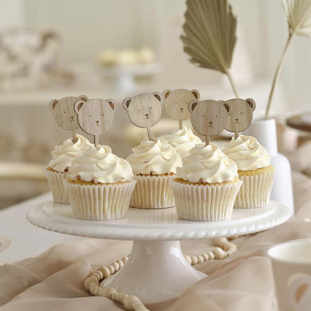 Cupcake Decorations |   Wooden Teddy Bear Baby Shower Cupcake Toppers Candles & Cake Accessories Cupcake Decorations