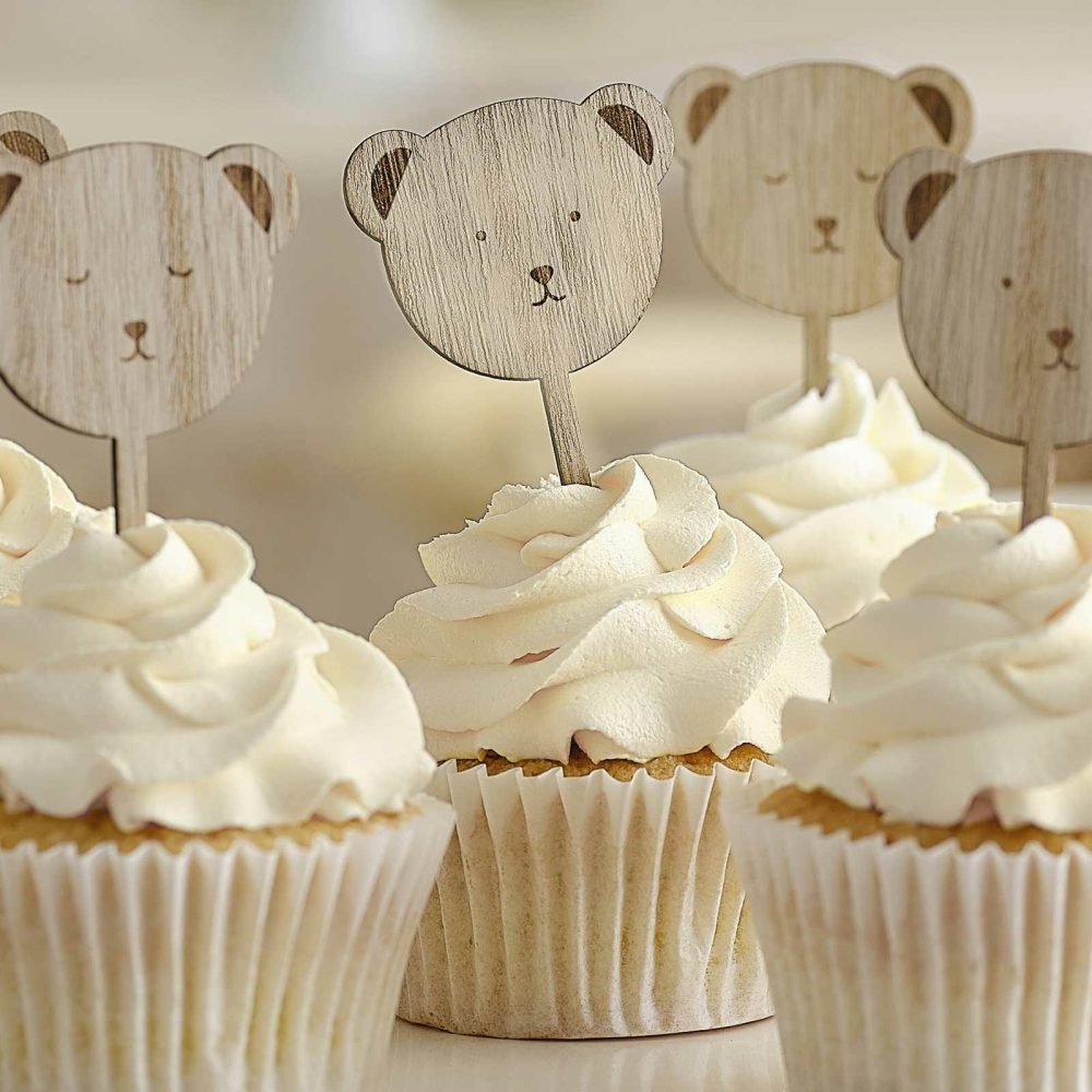 Cupcake Decorations |   Wooden Teddy Bear Baby Shower Cupcake Toppers Candles & Cake Accessories Cupcake Decorations