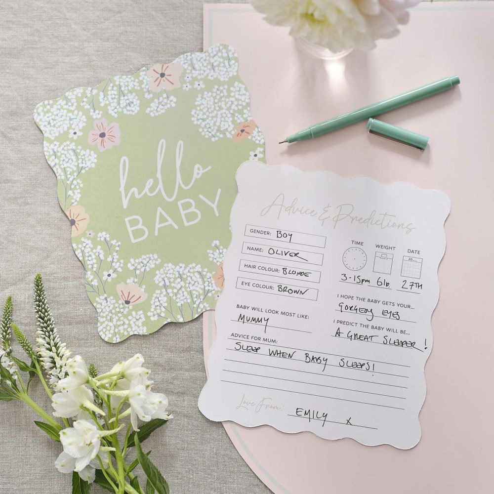 Eco Friendly Baby Shower |   Floral Baby Shower Prediction Game Cards Baby Shower Baby Shower Games