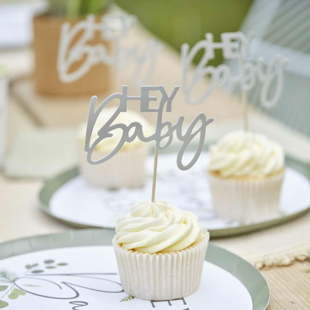 Eco Friendly Baby Shower |   Hey Baby Sage Baby Shower Cupcake Toppers Baby Shower Baby Shower Cake Decorations