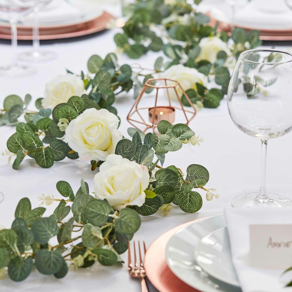 Flowers & Foliage |   Artificial Eucalyptus Garland With White Roses Flowers & Foliage Flowers & Foliage