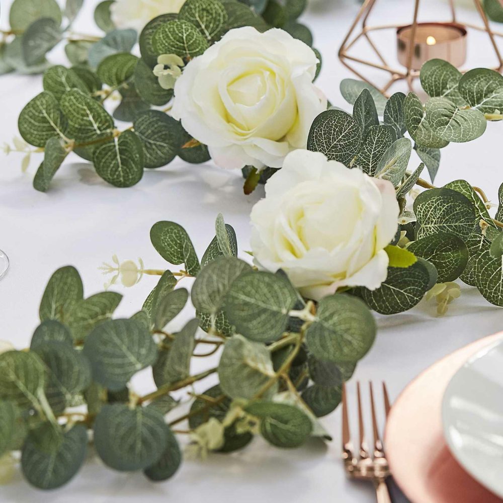 Flowers & Foliage |   Artificial Eucalyptus Garland With White Roses Flowers & Foliage Flowers & Foliage