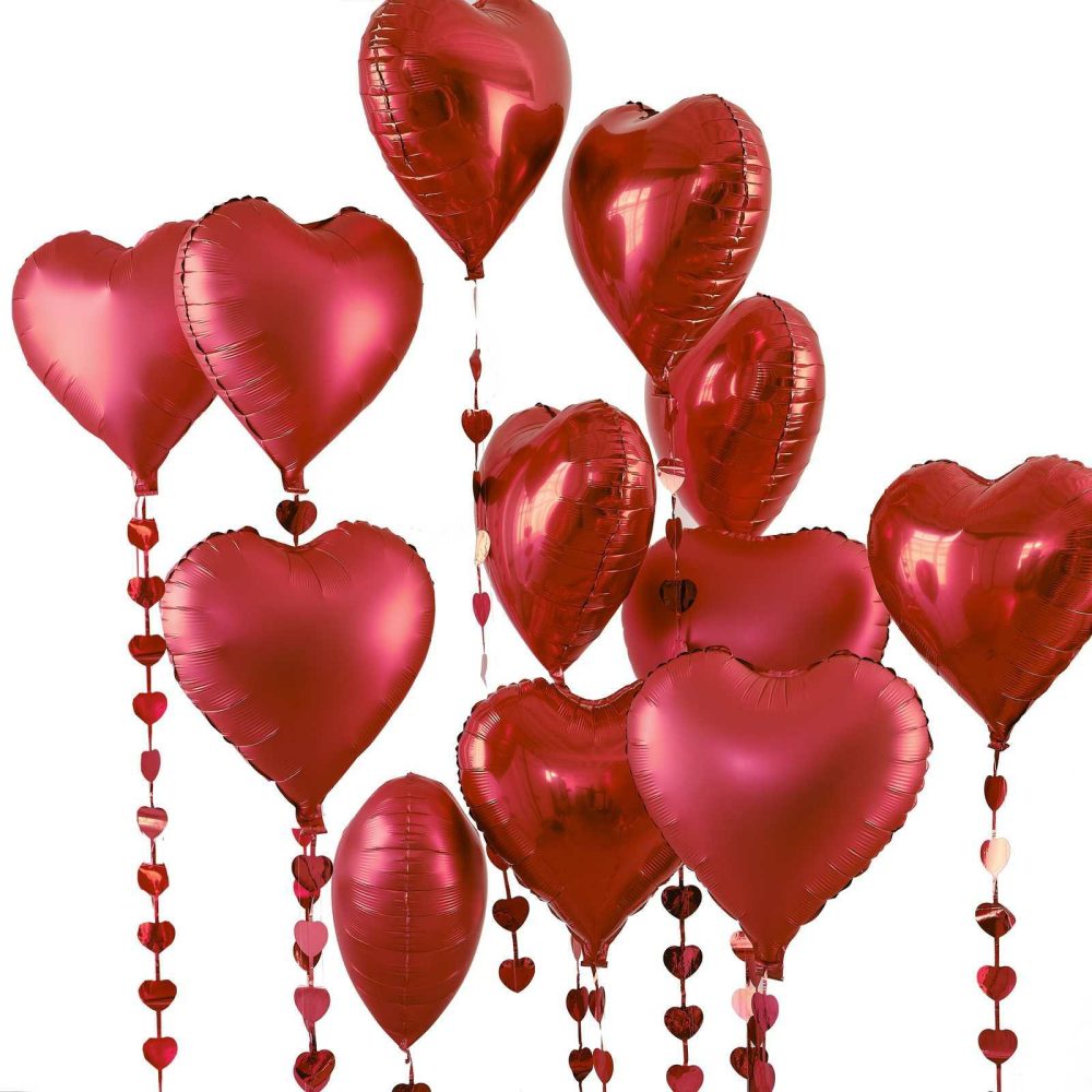 Foil Balloons |   Red Heart Balloons With Heart Streamers Balloons Foil Balloons