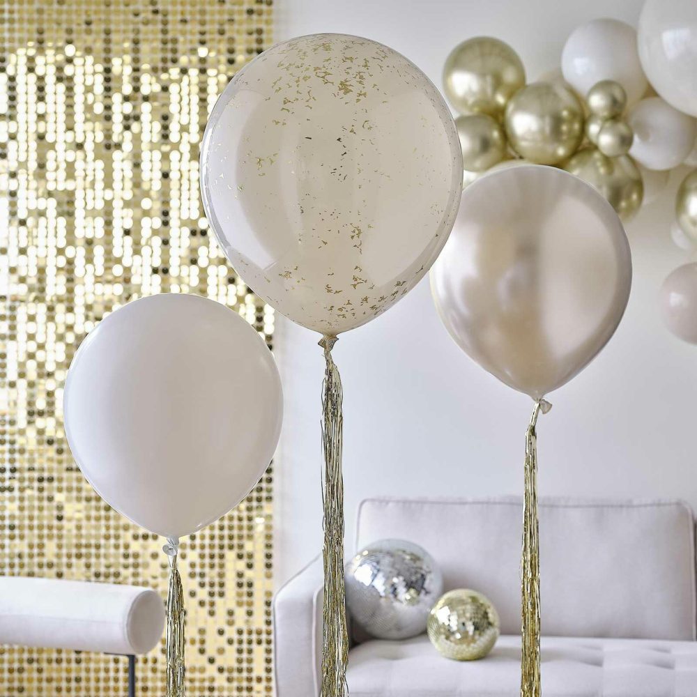 Giant Balloons |   Neutral And Gold Balloons With Gold Tassel Tails Balloons Giant Balloons