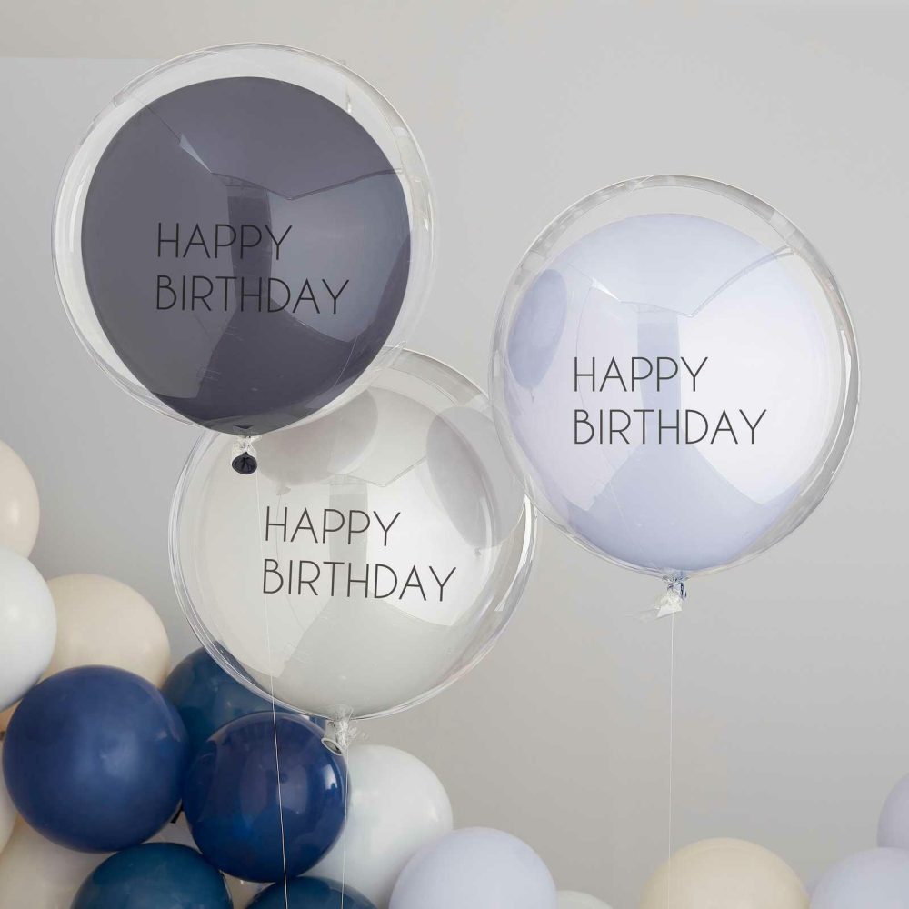 Helium Balloons |   Blue & Grey Double Layered Happy Birthday Balloon Bundle Balloons Helium Balloons