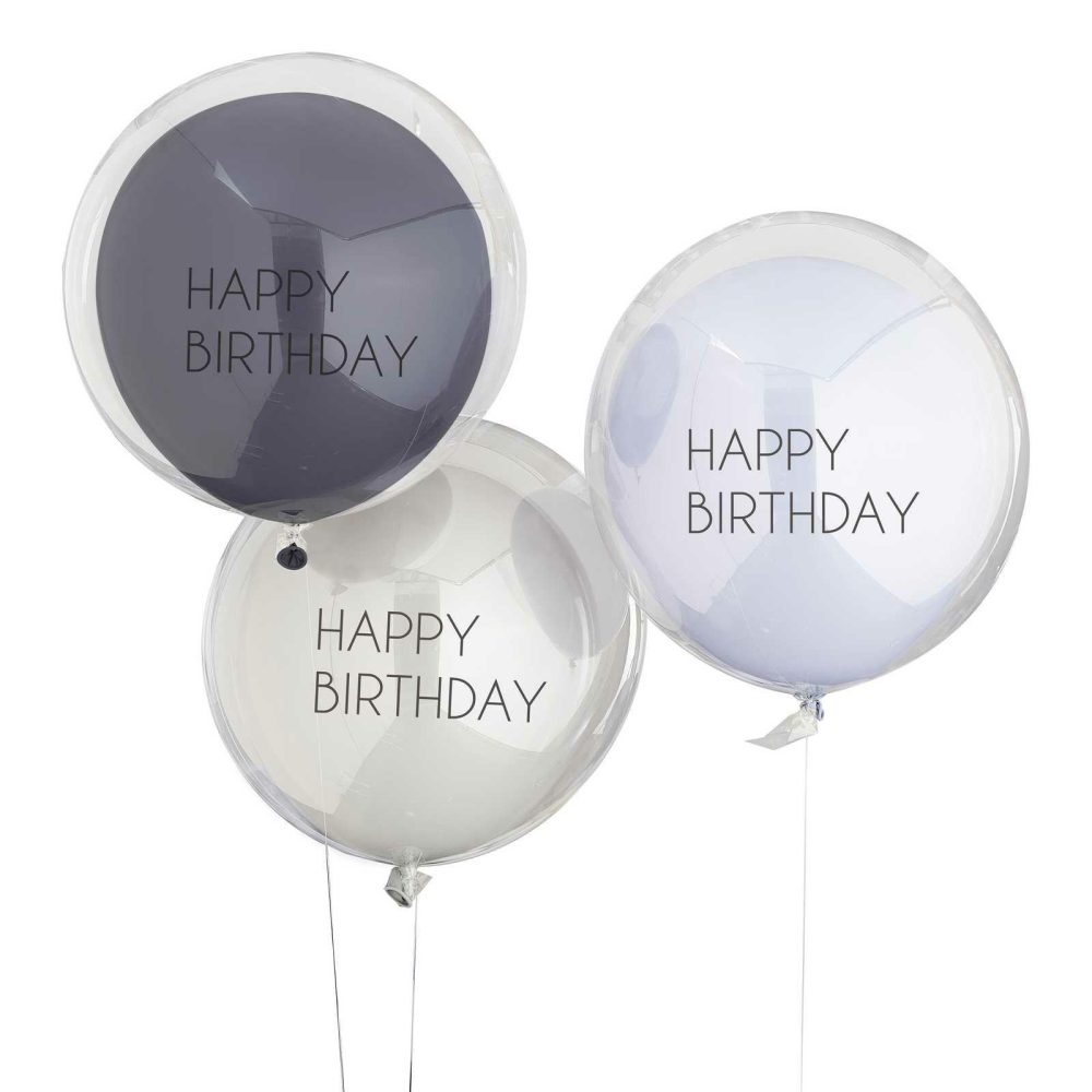 Helium Balloons |   Blue & Grey Double Layered Happy Birthday Balloon Bundle Balloons Helium Balloons