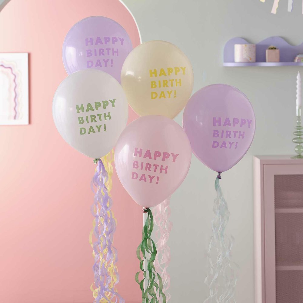 Helium Balloons |   Pastel Happy Birthday Balloon Bundle With Tissue Paper Tails Balloons Helium Balloons