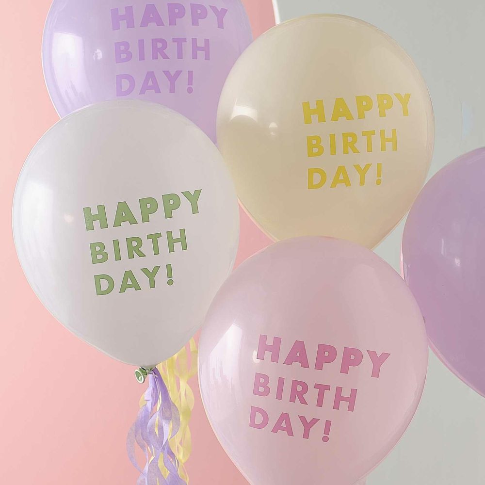 Helium Balloons |   Pastel Happy Birthday Balloon Bundle With Tissue Paper Tails Balloons Helium Balloons