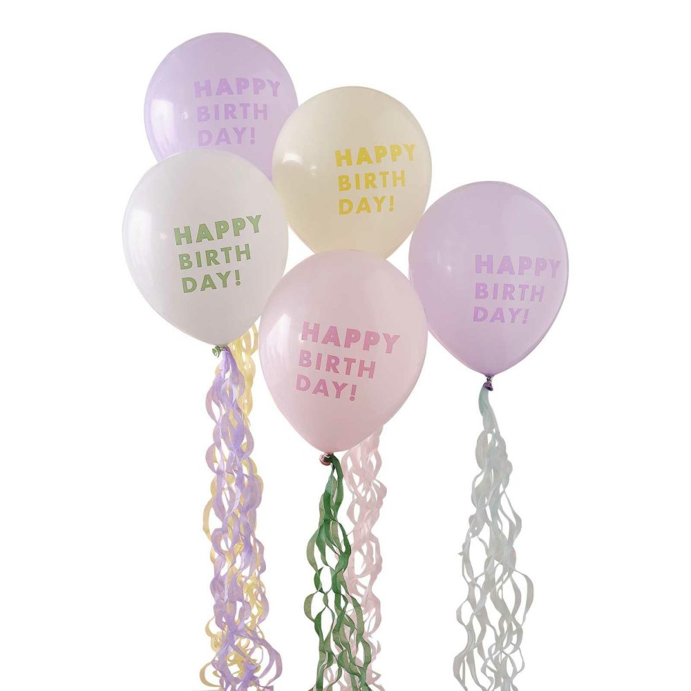 Helium Balloons |   Pastel Happy Birthday Balloon Bundle With Tissue Paper Tails Balloons Helium Balloons