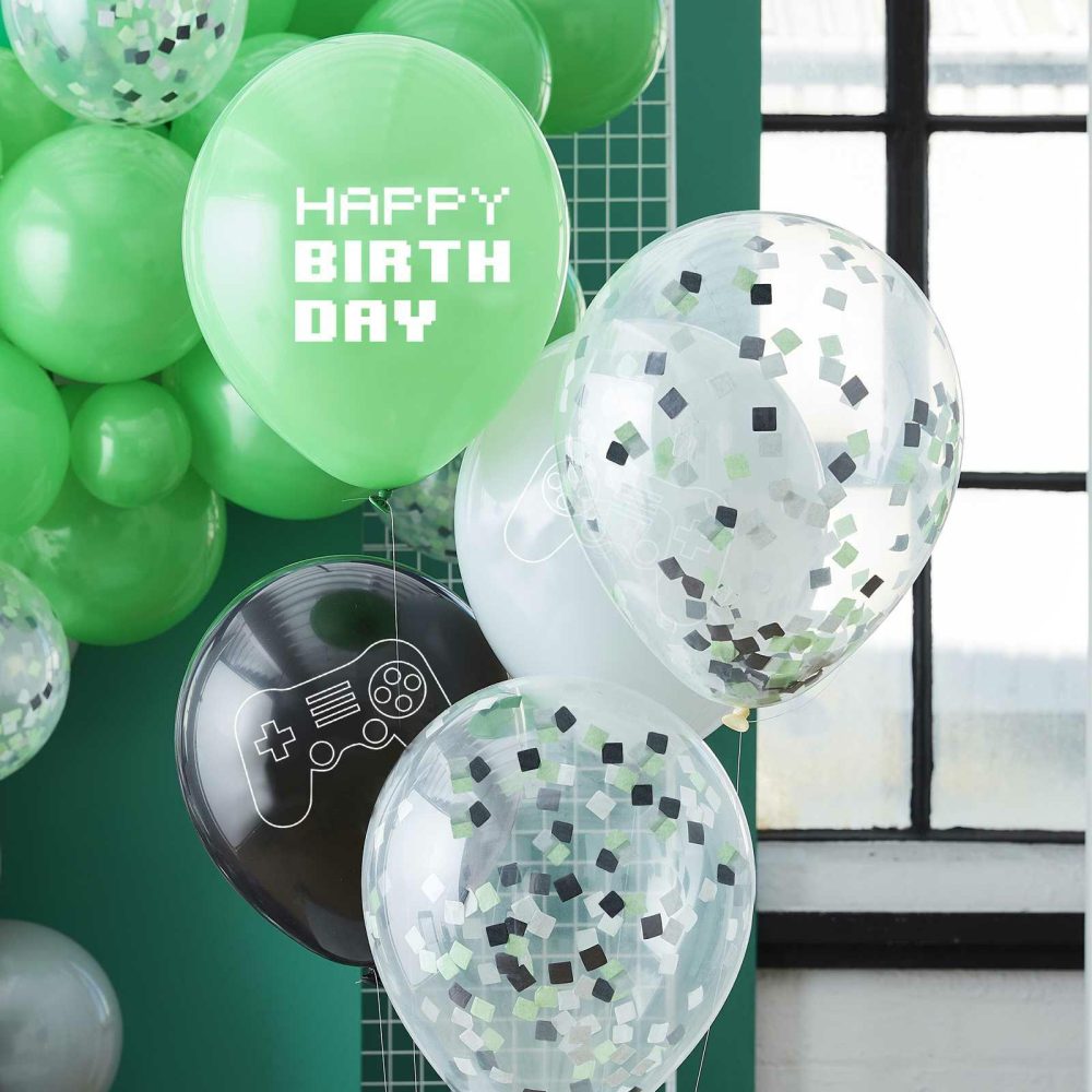 Latex Balloons |   Black, Green And Grey Controller Confetti Balloon Bundle Balloons Confetti Balloons