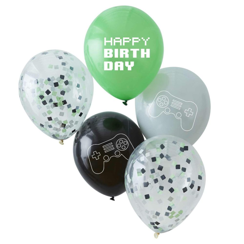 Latex Balloons |   Black, Green And Grey Controller Confetti Balloon Bundle Balloons Confetti Balloons