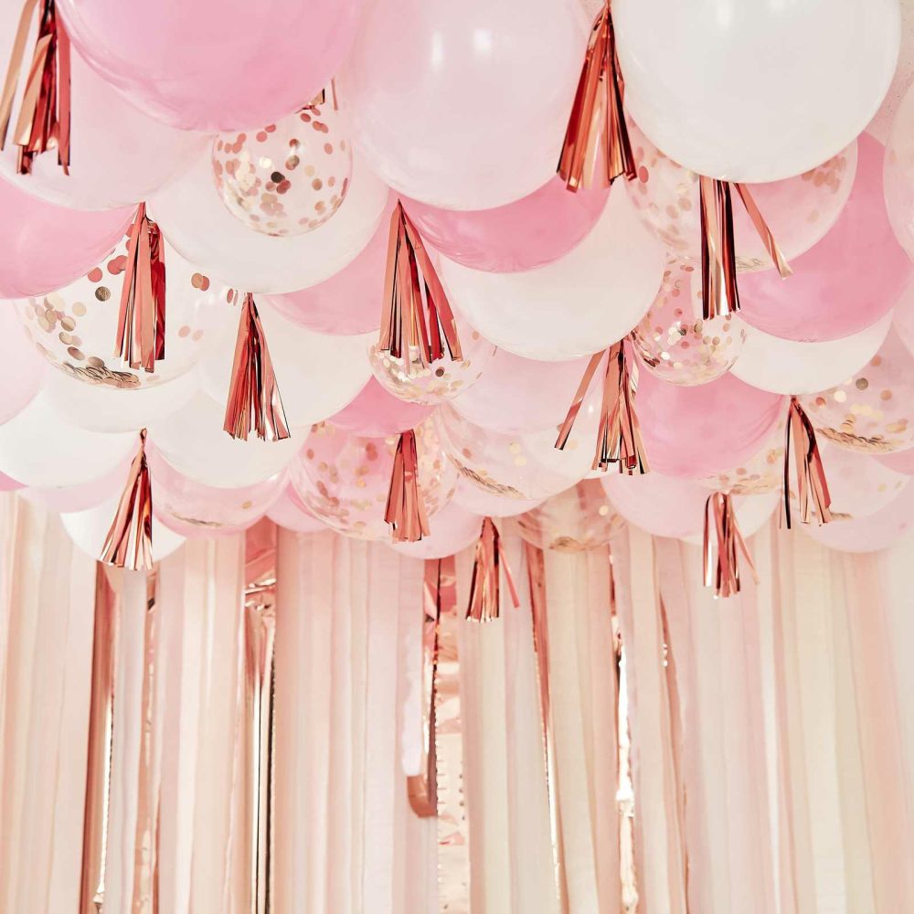 Latex Balloons |   Blush, White And Rose Gold Ceiling Balloons With Tassels Balloons Latex Balloons