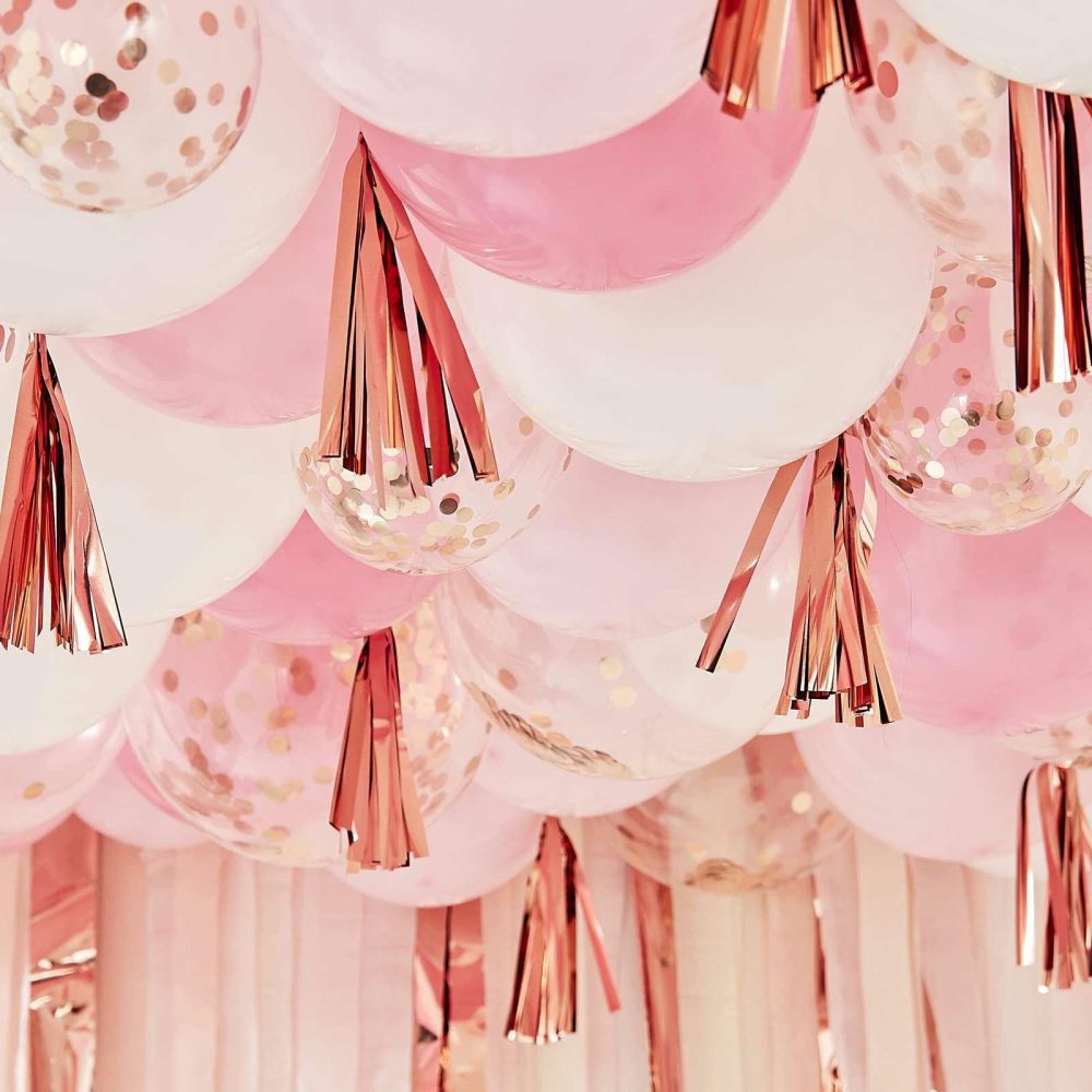 Latex Balloons |   Blush, White And Rose Gold Ceiling Balloons With Tassels Balloons Latex Balloons