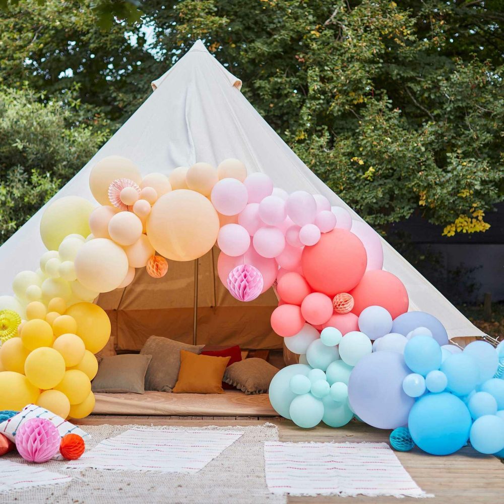 Latex Balloons |   Luxe Bright Balloon Arch With Paper Honeycombs Balloon Arches Balloon Arches