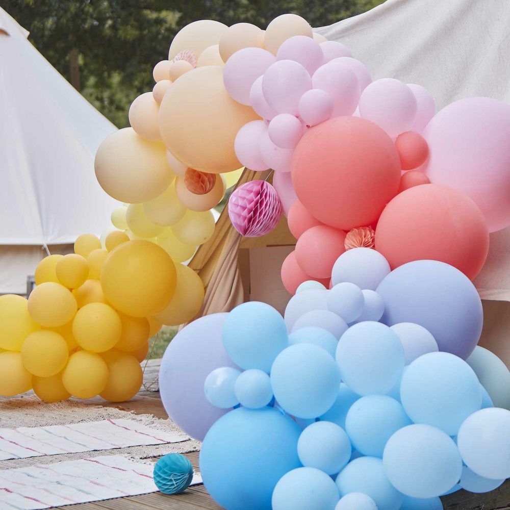 Latex Balloons |   Luxe Bright Balloon Arch With Paper Honeycombs Balloon Arches Balloon Arches