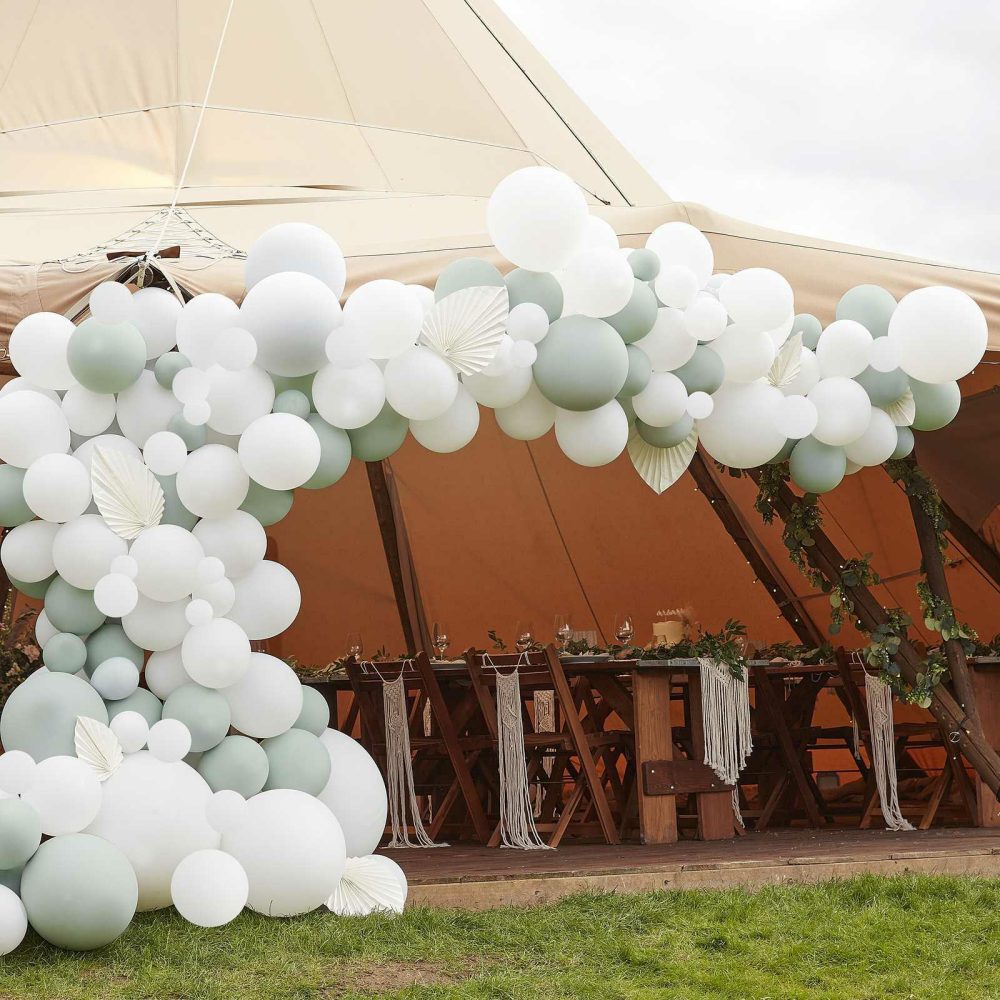 Latex Balloons |   Luxe Sage & White Balloon Arch With White Fans Balloon Arches Balloon Arches