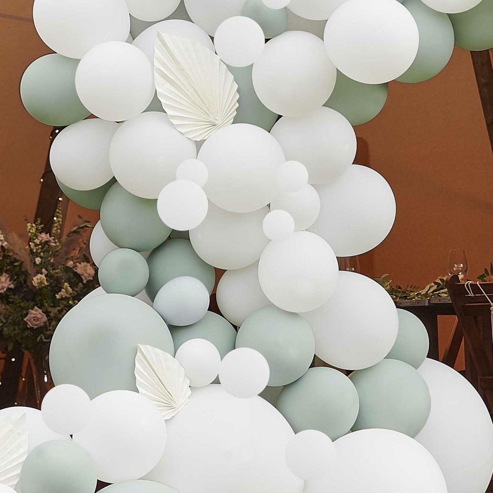 Latex Balloons |   Luxe Sage & White Balloon Arch With White Fans Balloon Arches Balloon Arches