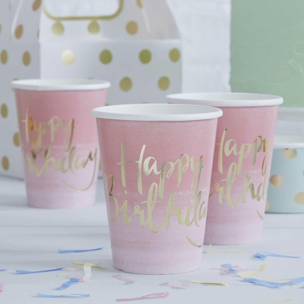 Paper Cups |   Gold Foiled Pink Ombre Happy Birthday Paper Cups – Pick And Mix Paper Cups Paper Cups